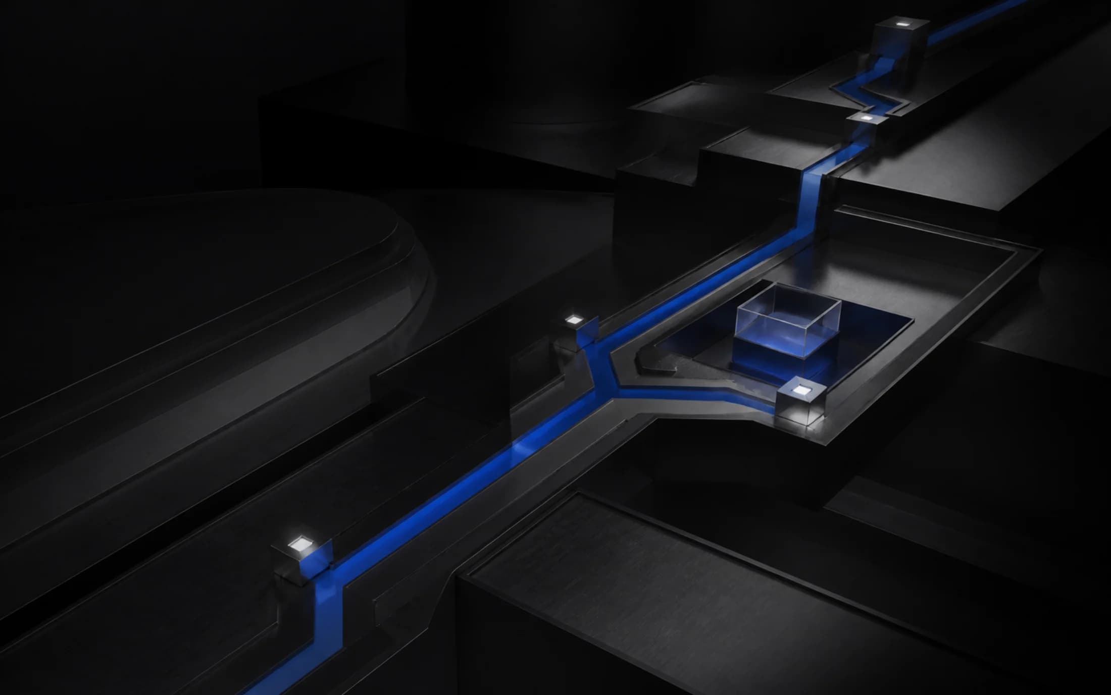 A dark architectural system cut by illuminated cobalt channels